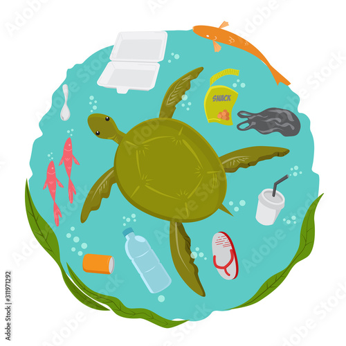 Turtle Surrounded by Garbage
