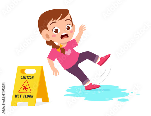 shock cute kid girl trip over wet floor