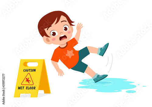 shock cute kid boy trip over wet floor