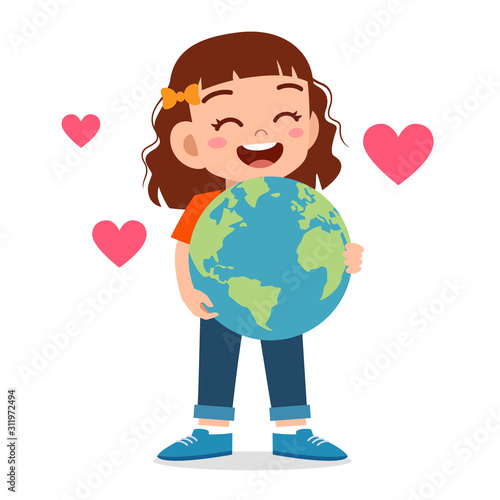 happy cute kid girl hug small earth