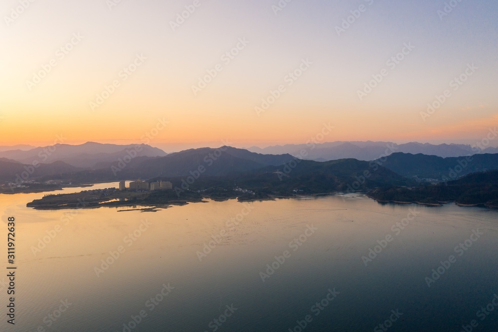 Beautiful Landscape of Taiping Lake in Huangshan City at Sunset in China