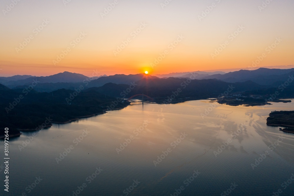 Beautiful Landscape of Taiping Lake in Huangshan City at Sunset in China Beautiful Landscape of Taiping Lake in Huangshan City at Sunset in China