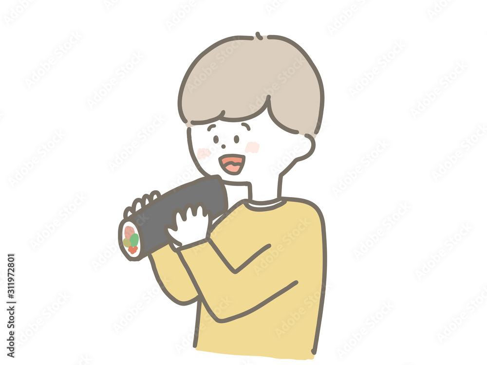 Boy eating Sushi roll