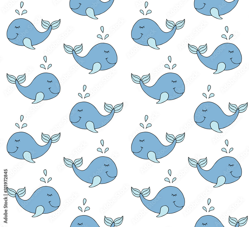 Vector seamless pattern of hand drawn doodle sketch colored whale isolated on white background