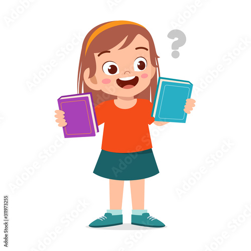 happy cute kid girl choosing two book