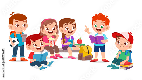 happy cute kids boy and girl read book together