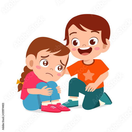 happy cute kid boy comfort crying friend