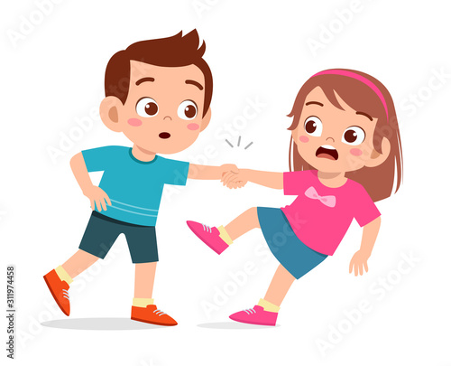 happy cute kid boy help friend from falling down