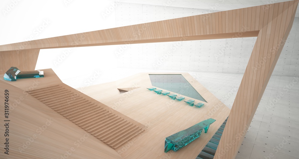 Abstract architectural concrete, wood and glass interior of a minimalist house with swimming pool and large window. 3D illustration and rendering. Abstract architectural concrete, wood and glass interior of a minimalist house with swimming pool and large window. 3D illustration and rendering.