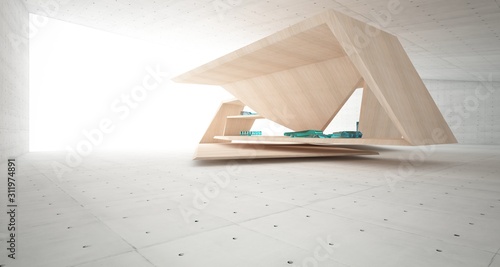 Abstract architectural concrete, wood and glass interior of a minimalist house with swimming pool and large window. 3D illustration and rendering.