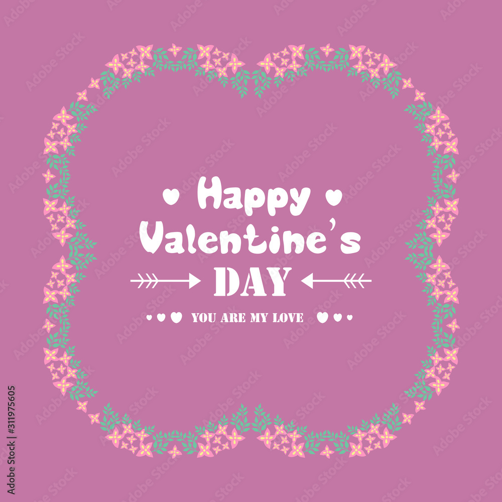 Romantic ornament of pink floral frame, for happy valentine elegant greeting card. Vector