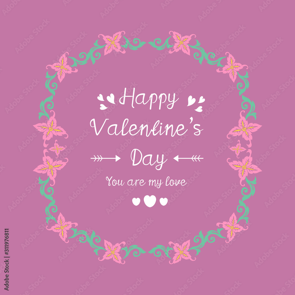 Happy valentine greeting card design, with beautiful pink wreath frame. Vector