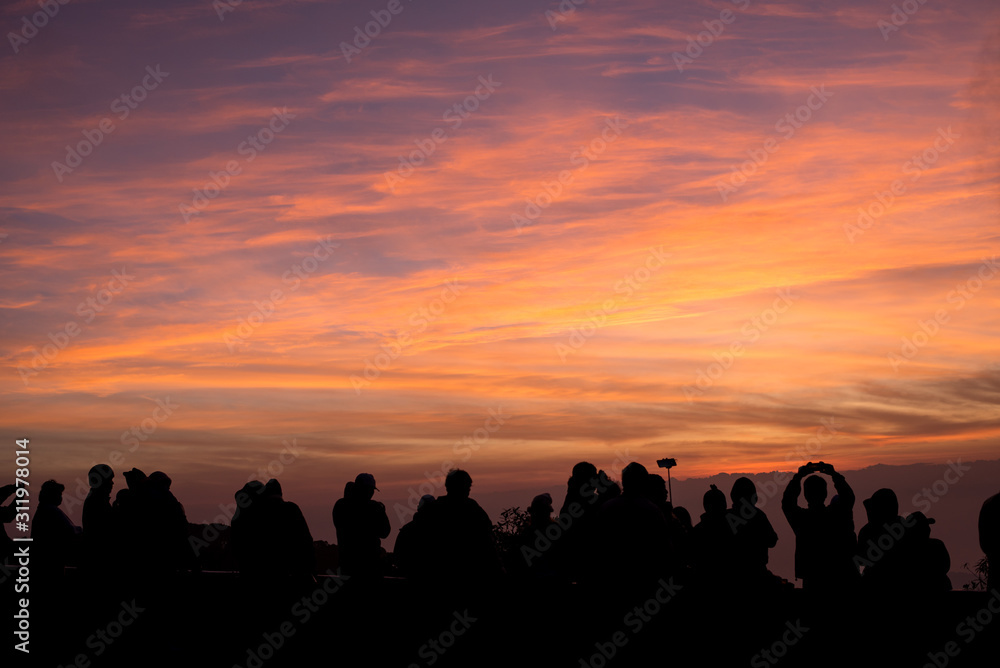 Silhouette people watching sunrising at Doi Inthanon National Park (Chiang Mai Thailand)