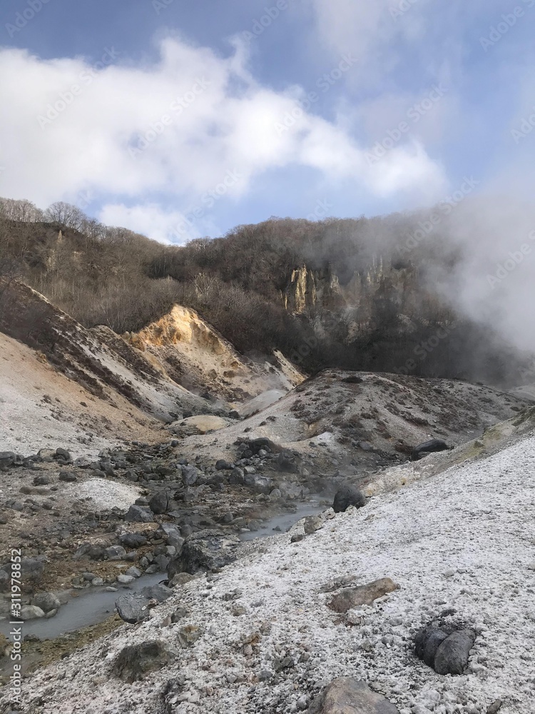 Hot springs and mist in volcanic active areas