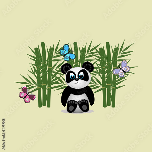 Fototapeta Naklejka Na Ścianę i Meble -  Panda and bamboo, bright multicolored butterflies, children's illustration, light beige background, vector