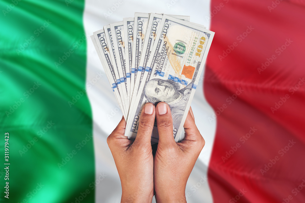 Italy financial concept. Female hand holding dollar banknotes on national  flag background. Currency and money theme with copy space. Stock Photo |  Adobe Stock