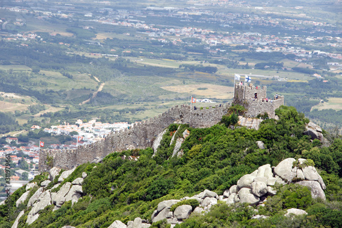Aerial view on the hilltop medieval moorish castle (Castle of the Moors) in Sintra, Lisbon area, Portugal, Europe