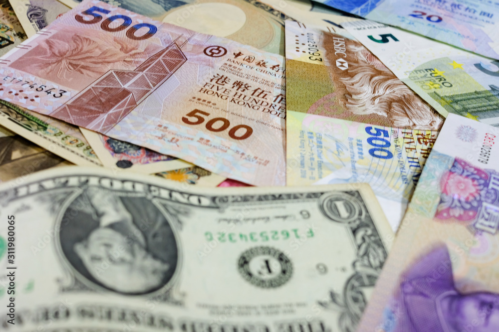 Money euro, dollar, USA, Hong Kong, China, currency exchange concept