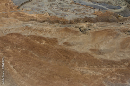Arial view of dry and arid landscape around Leh from Flight window, Ladakh, India, Asia