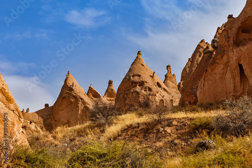 Natural fairy chimneys rock formation in Goreme in Turkey on a sunny day