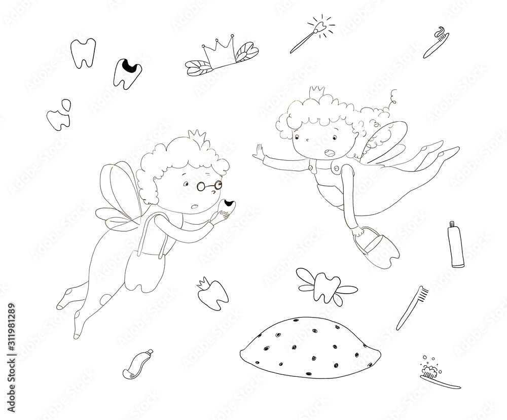Two cartoon Tooth Fairy surprised to find a damaged tooth with caries. Illustration Icons of teeth, crowns, toothbrushes and paste. Outline drawing. Coloring