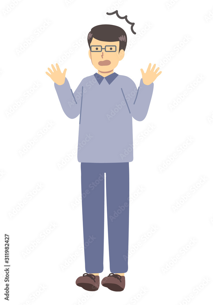 メガネをかけた青い服を着た驚く男性 メガネをかけた青い服を着た驚く男性