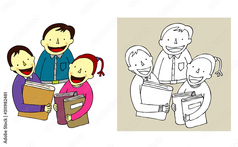 Children holding books and talking. Children holding books and talking.