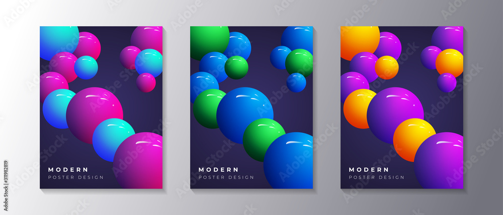 Abstract Dynamic 3d sphere Bubbles Design Set, glowing gradient neon balls, modern trendy poster or banner design