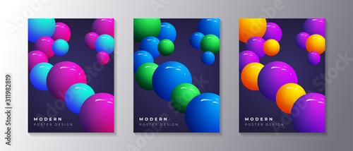 Abstract Dynamic 3d sphere Bubbles Design Set, glowing gradient neon balls, modern trendy poster or banner design