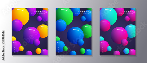 Abstract Dynamic 3d sphere Bubbles Design Set, glowing gradient neon balls, modern trendy poster or banner design