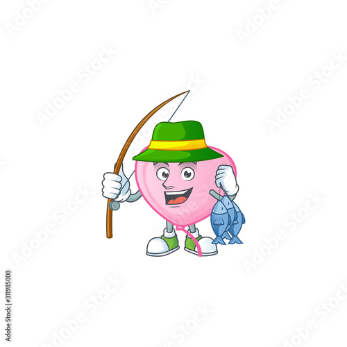 Cheerful face Fishing pink love balloon mascot design