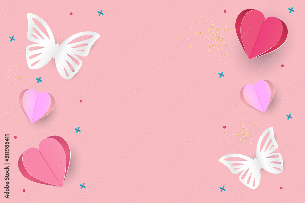 EPS 10 vector. Paper cut hearts and butterfly with copy space.