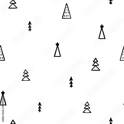 Seamless vector New Year pattern. Hand-drawn black outline Christmas trees isolated on white background. Holiday fir-trees illustration for wallpapers, posters, wrapping paper, posters, cards