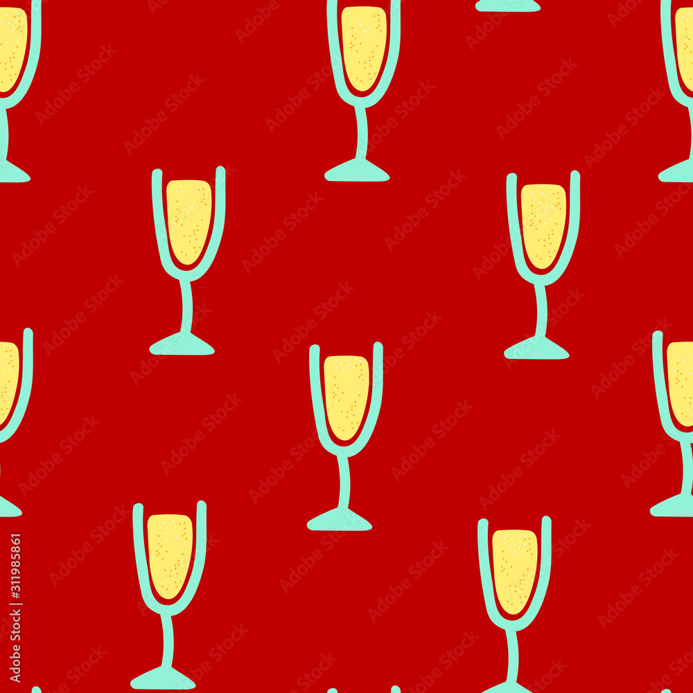 Seamless pattern Glass with prosecco or champagne. Celebratory drink in cute style on red background. Wine glass for the festive decoration of the New Year, Christmas, Birthday and other holidays Seamless pattern Glass with prosecco or champagne. Celebratory drink in cute style on red background. Wine glass for the festive decoration of the New Year, Christmas, Birthday and other holidays