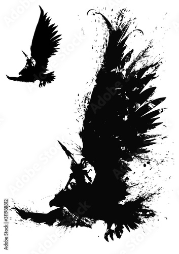 Black silhouette of a majestic huge eagle with large wings and a rider on his back who has a crown on his head and a spear in his hand. 2D illustration