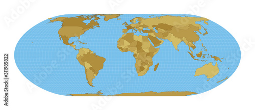 World Map. Nell-Hammer projection. Map of the world with meridians on blue background. Vector illustration.
