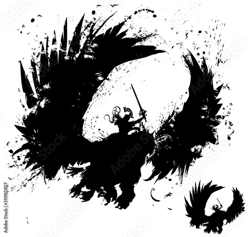 The silhouette of a knight rider with a sword, riding a Griffin with huge spread wings, rushing to the attack, making a leadership gesture of appeal .