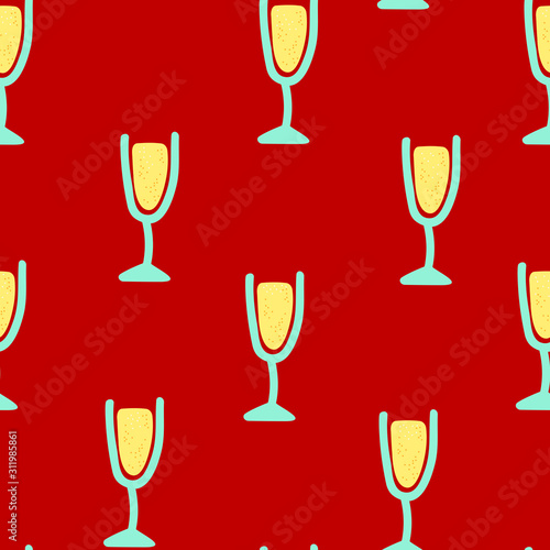 Seamless pattern Glass with prosecco or champagne. Celebratory drink in cute style on red background. Wine glass for the festive decoration of the New Year, Christmas, Birthday and other holidays