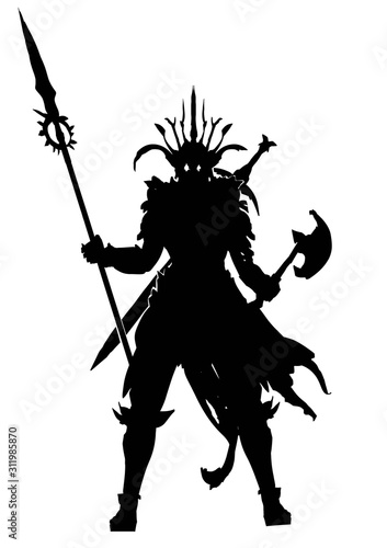 The silhouette of a warrior with an axe and spear in a crown and a sword behind his back, stands firmly looking forward with his demonic eyes. 2D illustration.