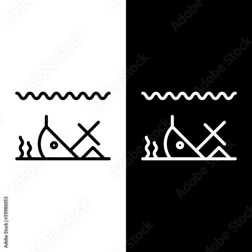 Set line Sunken ship at the bottom of the sea icon isolated on black and white background.  Vector Illustration