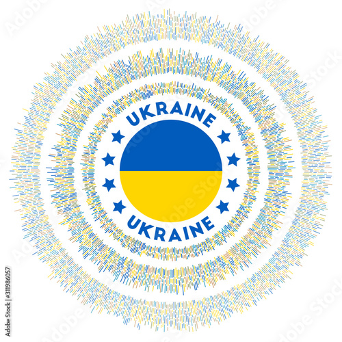 Ukraine symbol. Radiant country flag with colorful rays. Shiny sunburst with Ukraine flag. Trendy vector illustration.