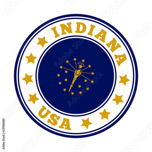 Indiana sign with state flag in a round logo. Vector illustration of the US state emblem.