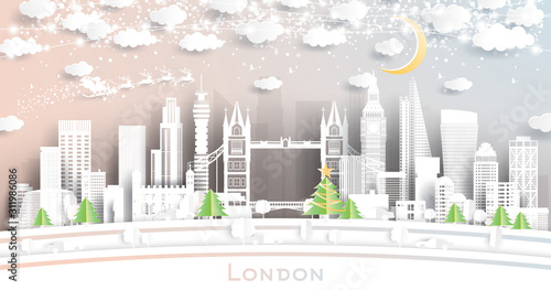London England City Skyline in Paper Cut Style with Snowflakes, Moon and Neon Garland. Vector Illustration. Christmas and New Year Concept. Santa Claus on Sleigh.