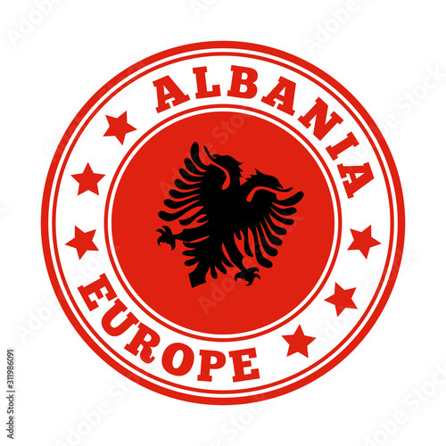 Albania sign with round country logo and flag. Vector illustration of national symbol.