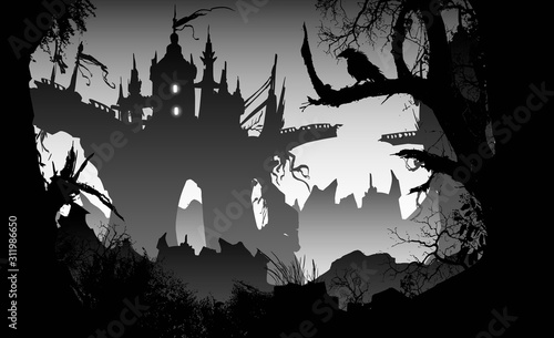 A ruined castle on a rock in the middle of a dark, sinister forest, a ruined bridge between two towers, and in the foreground old withered trees, behind sharp rocks.