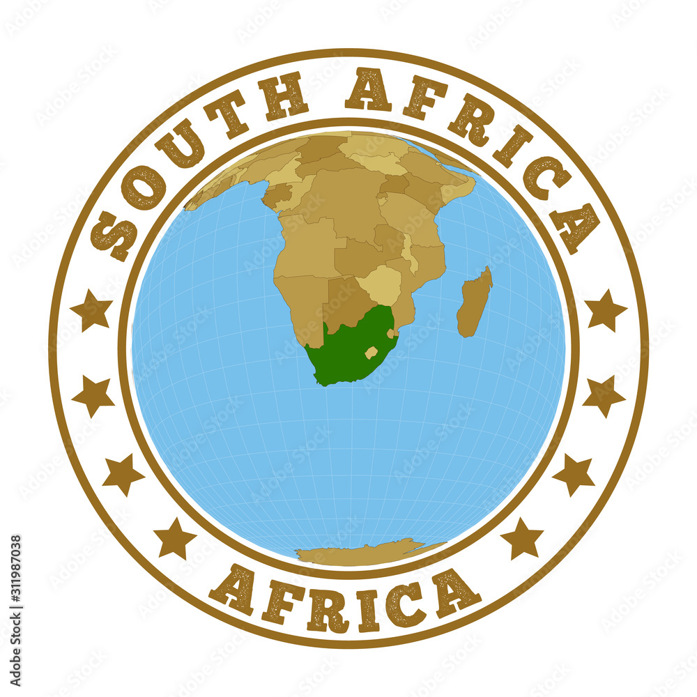 South Africa logo. Round badge of country with map of South Africa in world context. Country sticker stamp with globe map and round text. Vector illustration.