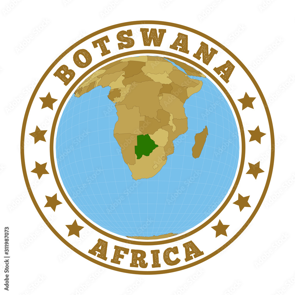 Botswana logo. Round badge of country with map of Botswana in world context. Country sticker stamp with globe map and round text. Vector illustration. Botswana logo. Round badge of country with map of Botswana in world context. Country sticker stamp with globe map and round text. Vector illustration.