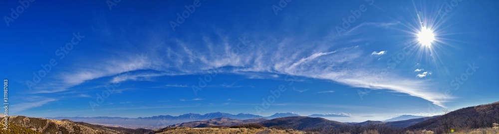 Views of Wasatch Front Rocky Mountains from the Oquirrh Mountains with fall leaves, Hiking in Yellow Fork trail and Rose Canyon in Great Salt Lake Valley. Utah, United States. USA.