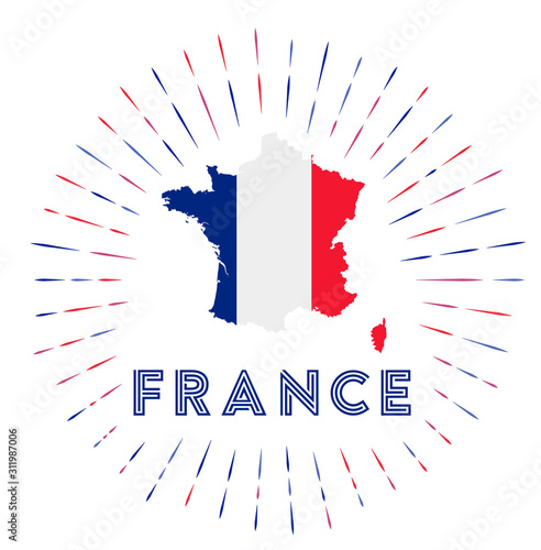 France sunburst badge. The country sign with a map of France with the French flag. Colorful rays around the logo. Vector illustration.