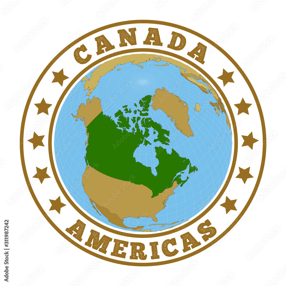 Canada logo. Round badge of country with map of Canada in world context. Country sticker stamp with globe map and round text. Vector illustration. Canada logo. Round badge of country with map of Canada in world context. Country sticker stamp with globe map and round text. Vector illustration.